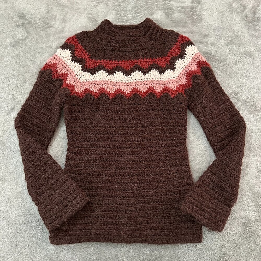 Vintage J. Crew Knit By Hand Alpaca Sweater Women's MEDIUM Fair Isle Mock Neck